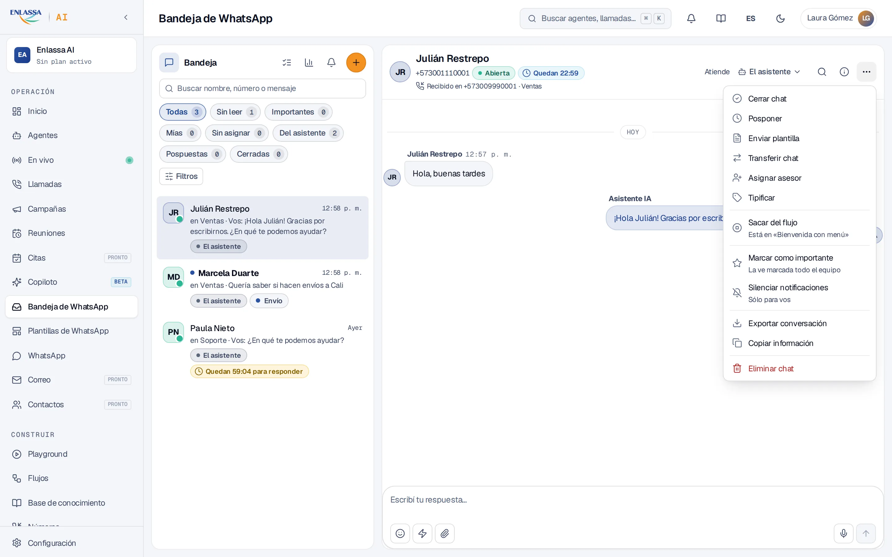 El menú de una conversación con Sacar del flujo