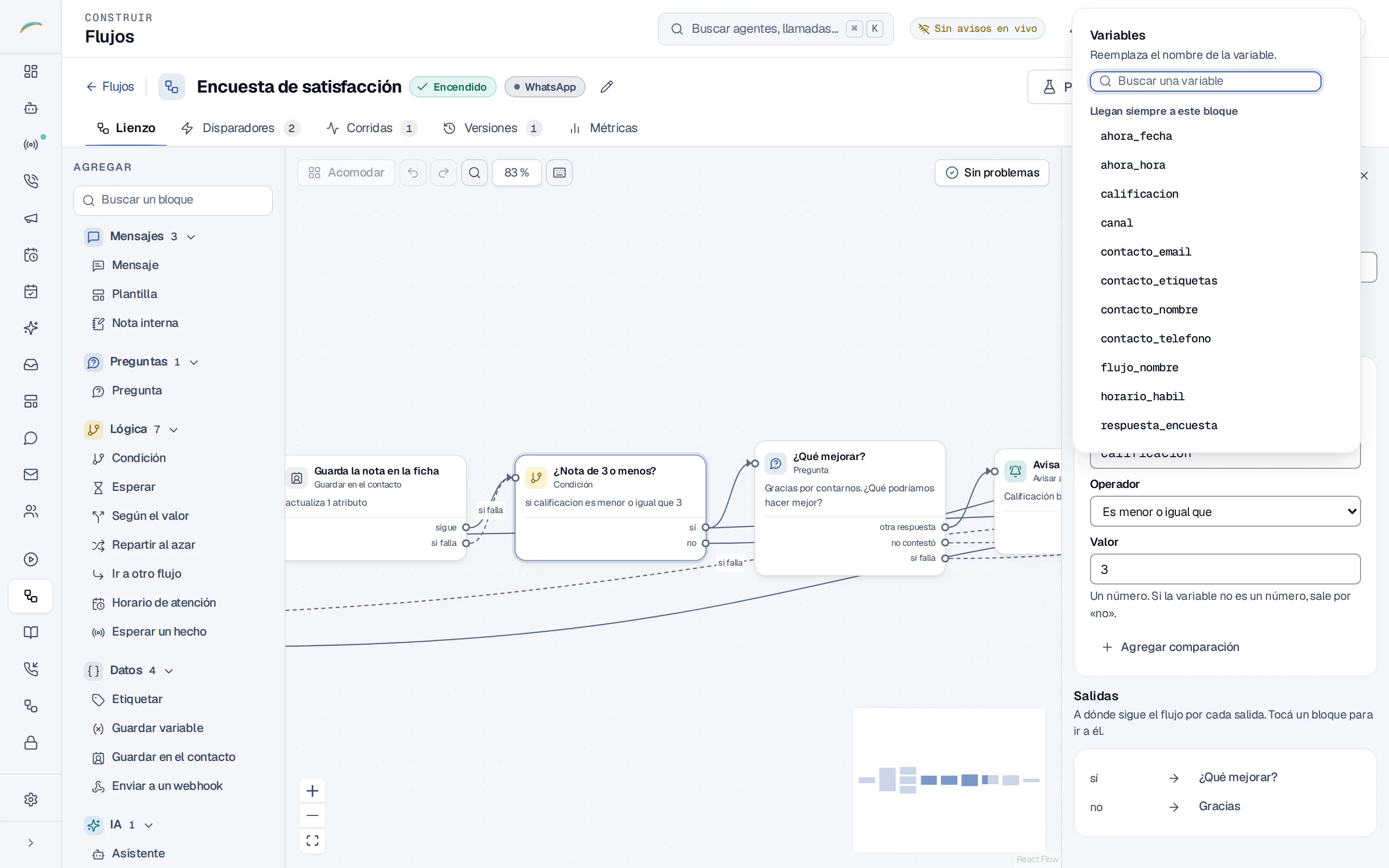 La configuración de una condición con la lista de variables abierta