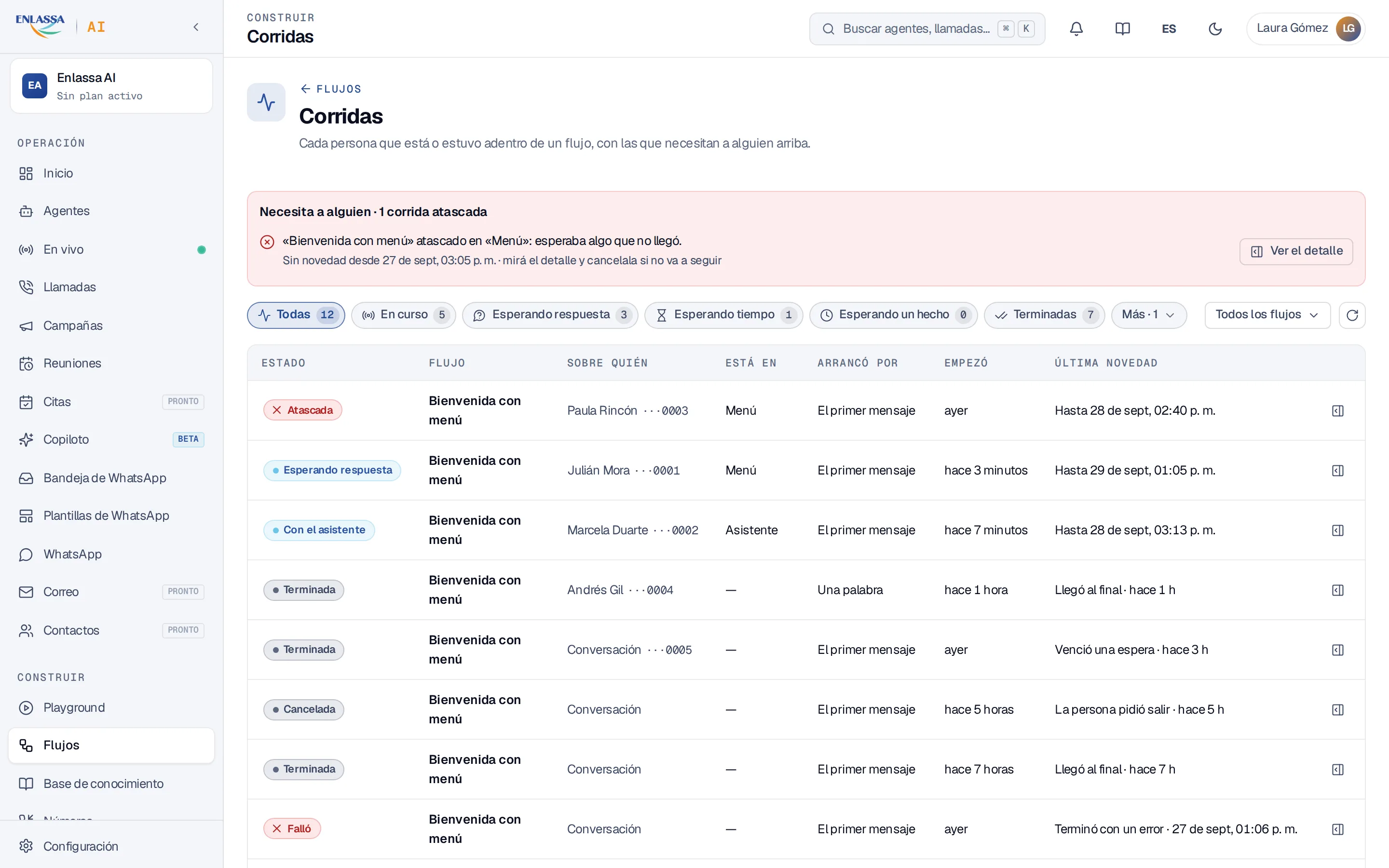El registro de corridas de toda la organización