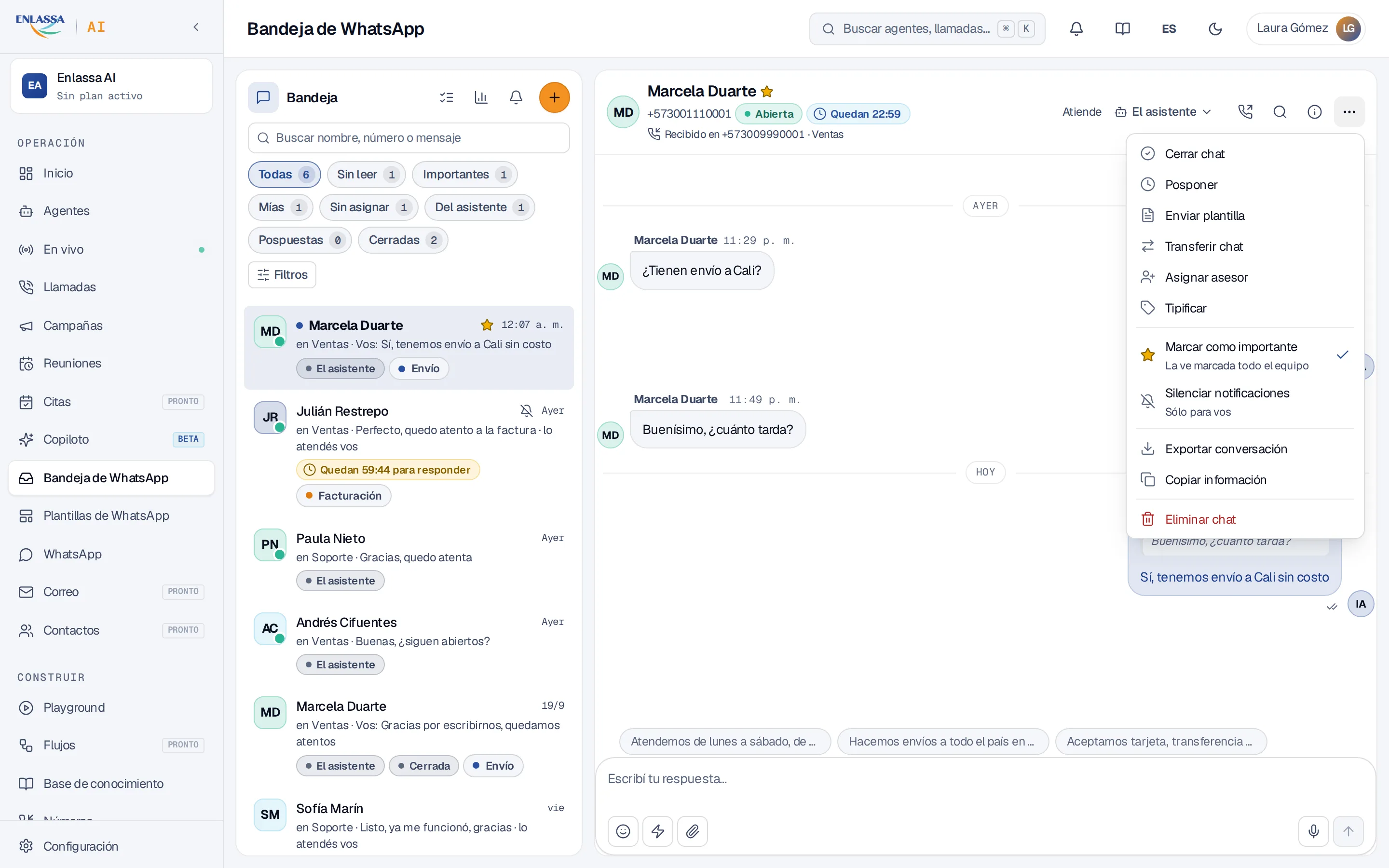 Menú de opciones de una conversación con sus grupos de acciones