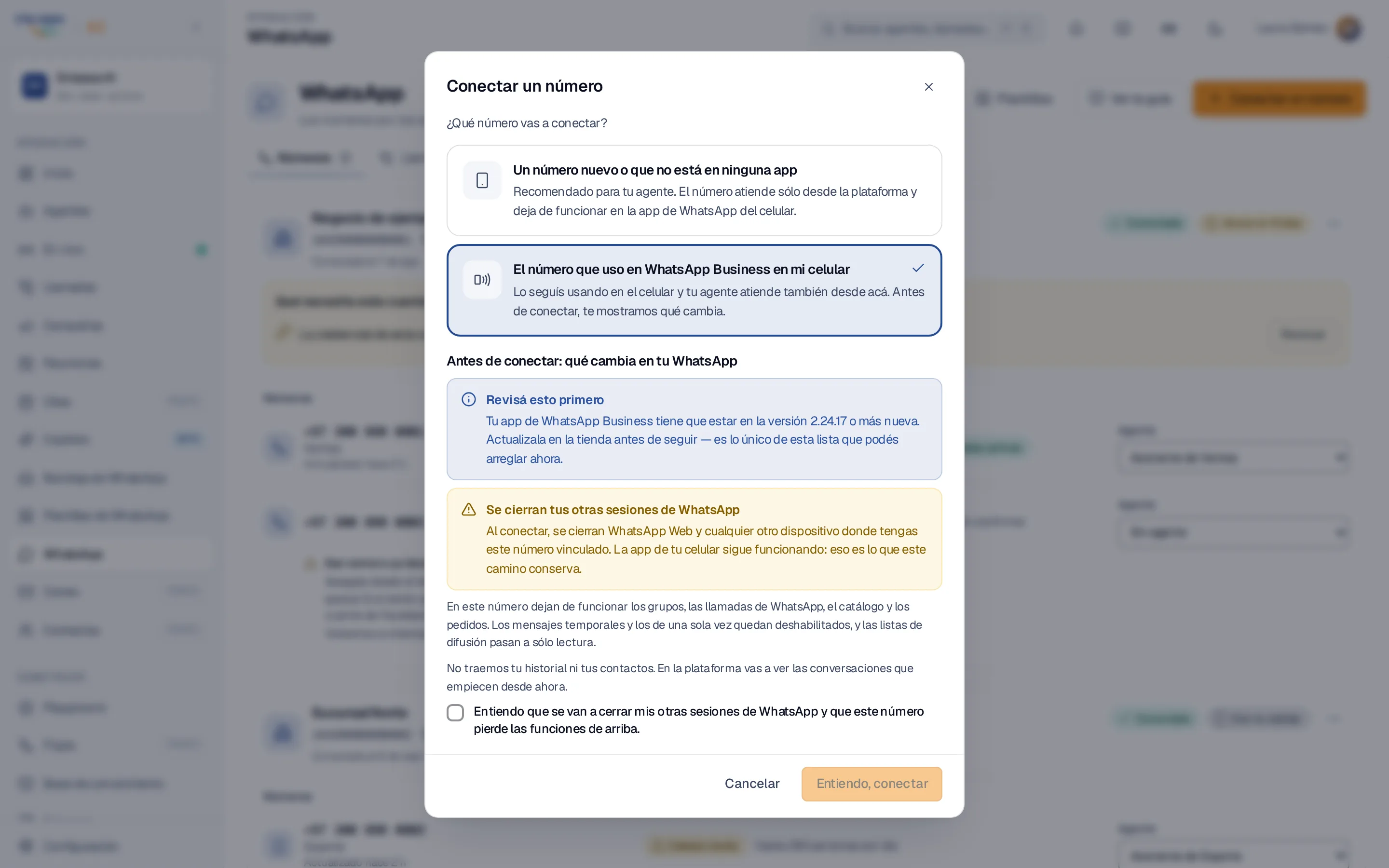 Ventana Conectar un número con las dos opciones y el aviso de qué cambia al conectar el número del celular