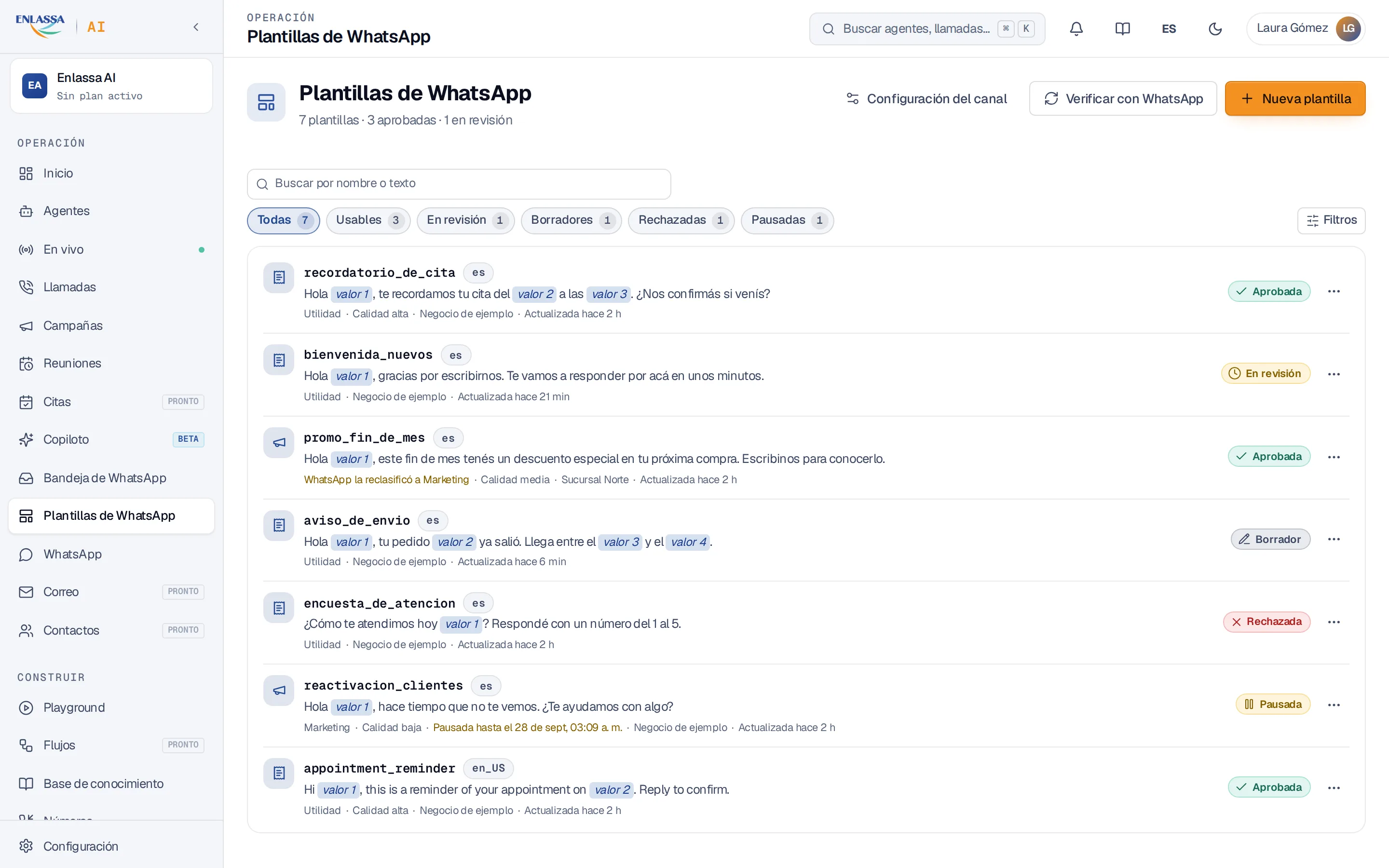 Listado de plantillas de WhatsApp con sus estados, la búsqueda y los filtros